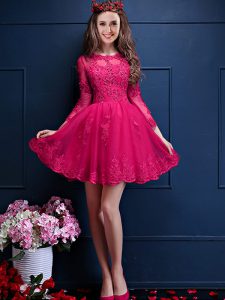 Fantastic Hot Pink 3 4 Length Sleeve Mini Length Beading and Lace and Appliques Lace Up Quinceanera Court of Honor Dress