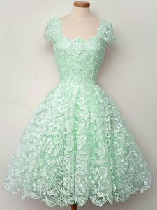 Cap Sleeves Lace Knee Length Lace Up Damas Dress in Apple Green with Lace