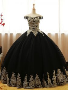 Perfect Black Ball Gowns Tulle Off The Shoulder Sleeveless Appliques Floor Length Lace Up Quinceanera Gowns