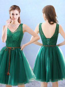 Green V-neck Neckline Lace Court Dresses for Sweet 16 Sleeveless Backless