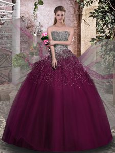Captivating Floor Length Lace Up Quinceanera Dresses Purple for Military Ball and Sweet 16 and Quinceanera with Beading