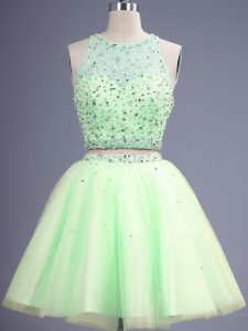 Yellow Green Two Pieces Tulle Scoop Sleeveless Beading Knee Length Lace Up Quinceanera Court Dresses