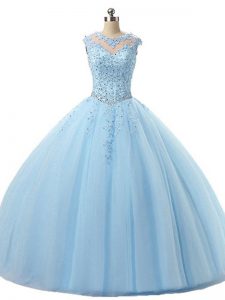 Floor Length Ball Gowns Sleeveless Light Blue Quince Ball Gowns Lace Up