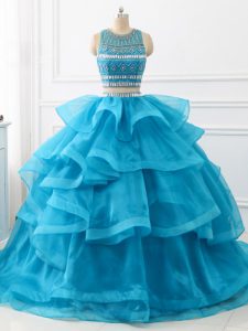 Hot Selling Scoop Sleeveless Tulle 15 Quinceanera Dress Beading and Ruffles Brush Train Backless
