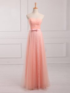 Sweet Peach Lace Up Sweetheart Belt Quinceanera Court of Honor Dress Tulle and Lace Sleeveless