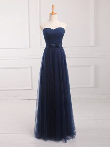 Graceful Navy Blue Sleeveless Floor Length Belt Lace Up Dama Dress for Quinceanera