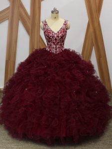 Customized Floor Length Burgundy Quinceanera Gown V-neck Sleeveless Backless