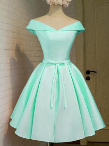 Shining Turquoise A-line Taffeta Off The Shoulder Cap Sleeves Belt Knee Length Zipper Quinceanera Dama Dress