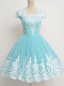 Aqua Blue Cap Sleeves Tulle Zipper Dama Dress for Quinceanera for Prom and Party and Wedding Party