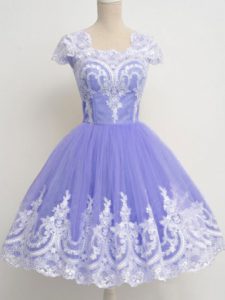 High End A-line Quinceanera Dama Dress Lavender Square Tulle Cap Sleeves Knee Length Zipper