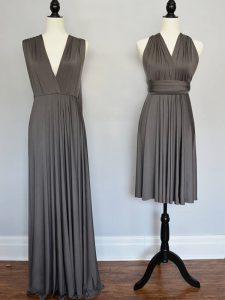 Grey Empire V-neck Sleeveless Chiffon Floor Length Lace Up Ruching Court Dresses for Sweet 16