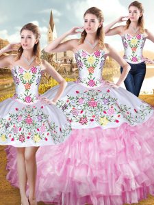 Sweetheart Sleeveless Sweet 16 Dress Floor Length Embroidery and Ruffled Layers Rose Pink Organza and Taffeta