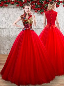 Floor Length Lace Up Quinceanera Dress Red for Military Ball and Sweet 16 and Quinceanera with Appliques