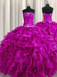Fantastic Ball Gowns Ball Gown Prom Dress Fuchsia Strapless Organza Sleeveless Floor Length Lace Up