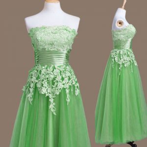 Sleeveless Tea Length Appliques Lace Up Quinceanera Court of Honor Dress with Green