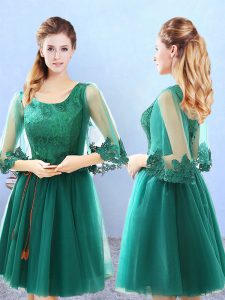 Knee Length Green Quinceanera Court of Honor Dress Tulle 3 4 Length Sleeve Lace and Appliques