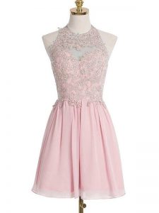 Pink Chiffon Lace Up Quinceanera Court Dresses Sleeveless Knee Length Appliques