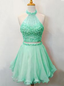 Attractive Sleeveless Knee Length Beading Lace Up Court Dresses for Sweet 16 with Apple Green