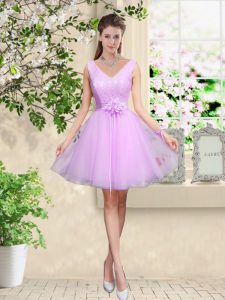 Exceptional Lilac Tulle Lace Up V-neck Sleeveless Knee Length Quinceanera Dama Dress Lace and Belt