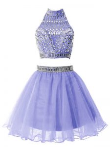 Lavender Zipper High-neck Beading Dama Dress Organza Sleeveless