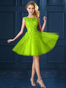 Yellow Green A-line Bateau Cap Sleeves Tulle Knee Length Lace Up Lace and Appliques Damas Dress