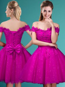 New Style Lace and Belt Court Dresses for Sweet 16 Fuchsia Lace Up Cap Sleeves Knee Length