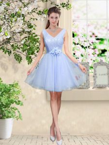 Fabulous Lace and Belt Court Dresses for Sweet 16 Lavender Lace Up Sleeveless Knee Length