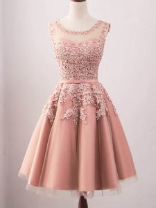 Great Pink Tulle Lace Up Quinceanera Court Dresses Sleeveless Knee Length Lace