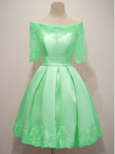 Smart Apple Green Quinceanera Court of Honor Dress Prom and Party and Wedding Party with Lace Off The Shoulder Half Sleeves Lace Up