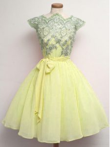 Custom Fit Knee Length A-line Cap Sleeves Yellow Quinceanera Court of Honor Dress Lace Up