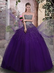 Exceptional Floor Length Purple Quinceanera Gown Tulle Sleeveless Beading