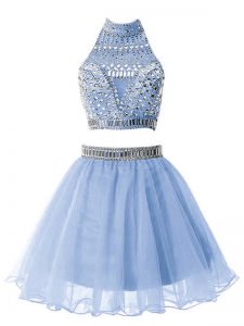 Designer Sleeveless Knee Length Beading Zipper Damas Dress with Light Blue