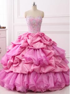 Rose Pink Quinceanera Dress Military Ball and Sweet 16 and Quinceanera with Beading and Ruffles and Pick Ups Sweetheart Sleeveless Lace Up