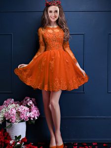 Orange Red Scalloped Lace Up Beading and Lace and Appliques Quinceanera Court of Honor Dress 3 4 Length Sleeve