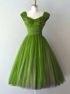 Cap Sleeves Knee Length Ruching Zipper Quinceanera Court of Honor Dress with Green