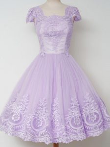 Sumptuous Cap Sleeves Tulle Knee Length Zipper Dama Dress for Quinceanera in Lavender with Lace