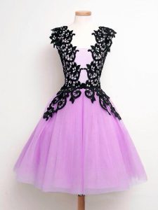 Great Sleeveless Tulle Knee Length Lace Up Vestidos de Damas in Lilac with Lace