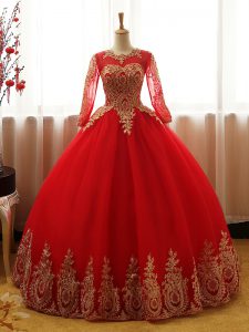 Ball Gowns Sweet 16 Dress Red Scoop Organza Long Sleeves Floor Length Lace Up