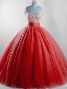 Beautiful Red Ball Gowns Tulle Sweetheart Sleeveless Beading Floor Length Lace Up Quinceanera Dress