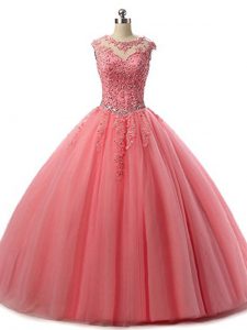 Watermelon Red Lace Up Scoop Beading and Lace Quinceanera Gown Tulle Sleeveless