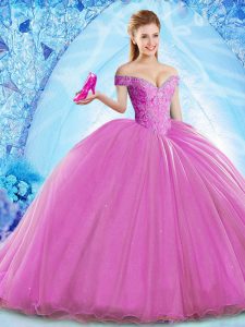 Modern Beading Sweet 16 Dress Lilac Lace Up Sleeveless Brush Train