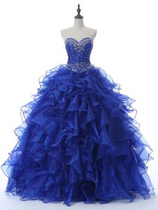 Inexpensive Royal Blue Ball Gowns Beading and Ruffles Quinceanera Dress Lace Up Organza Sleeveless Floor Length