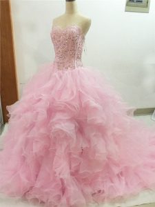 Organza Sweetheart Sleeveless Brush Train Lace Up Beading and Ruffles Sweet 16 Quinceanera Dress in Baby Pink