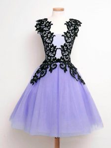 Simple Lavender Lace Up Straps Lace Quinceanera Court of Honor Dress Tulle Sleeveless