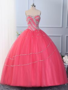 Sleeveless Tulle Floor Length Lace Up Quinceanera Dress in Hot Pink with Beading