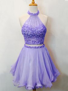 Fitting Halter Top Sleeveless Quinceanera Court Dresses Knee Length Beading Lavender Organza