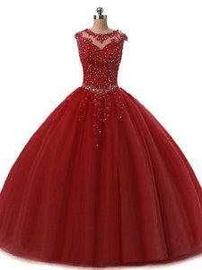 Burgundy Ball Gowns Beading and Lace Sweet 16 Quinceanera Dress Lace Up Tulle Sleeveless Floor Length