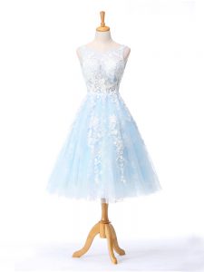 Elegant Knee Length Backless Quinceanera Court Dresses Light Blue for Prom and Party and Wedding Party with Appliques