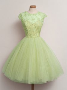 Captivating Lace Court Dresses for Sweet 16 Yellow Green Lace Up Cap Sleeves Knee Length