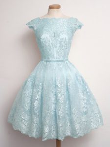 Custom Designed Light Blue Lace Lace Up Court Dresses for Sweet 16 Cap Sleeves Knee Length Lace